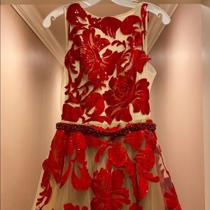 Red and Beige Floral Prom Dress
